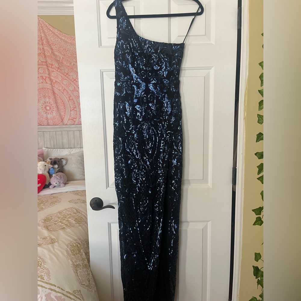 One Shoulder Blue/Navy Windsor Prom Dress with Slit